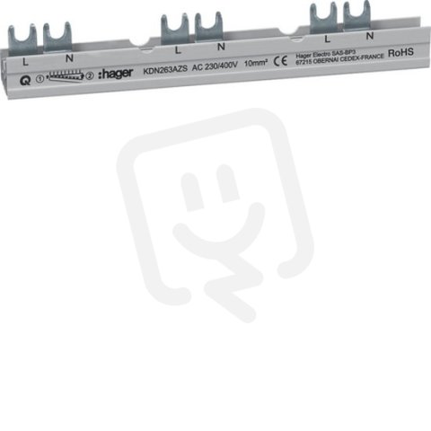Hřebenová přípojnice 2P pro ARF 63A, 10mm2/12mod. (L+N+mezera+kontakt) KDN263AZS