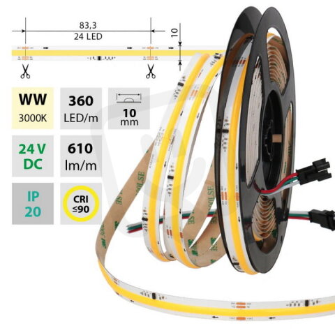 COB SPI LED pásek WW, 360LED/m, 11,5 W/m, 610lm/m, CRI90, IP20, DC24V, 10mm , 5m