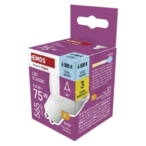 LED žárovka Classic MR16 bílá, GU10, 5,8 W (75 W), 565 lm, studená EMOS ZQ8E34N