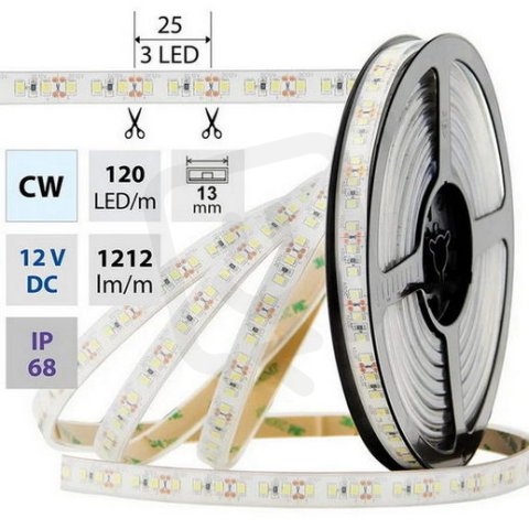 LED pásek SMD2835 CW, 120LED/m, 14W/m, 1212lm/m, IP68, DC 12V, 13mm, 5m