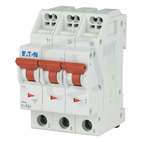 PLI-C4/3 Jistič PLI (bezšroubové svorky nahoře) char C 3-pólový 10kA 4A 101316