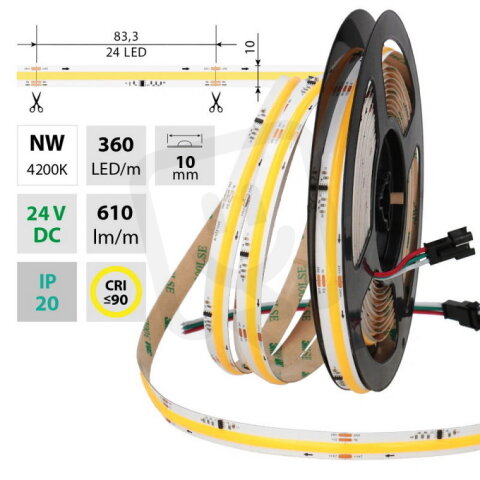 COB SPI LED pásek NW, 360LED/m, 11,5 W/m, 667lm/m, CRI90, IP20, DC24V, 10mm , 5m