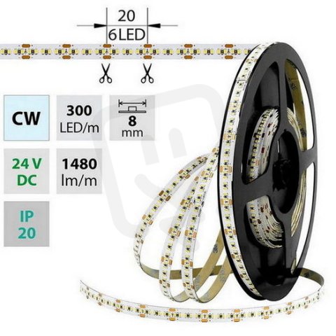 LED pásek SMD2216 CW, 300LED/m, 18W/m, DC 24V, 1480lm/m, CRI90, IP20, 8mm, 5m