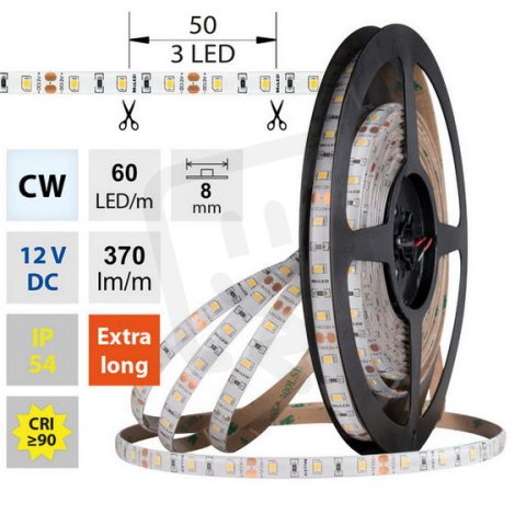 LED pásek SMD2835 CW, 60LED/m, 4,8W/m, DC 12V, 370lm/m, CRI90, IP54, 8mm, 5m