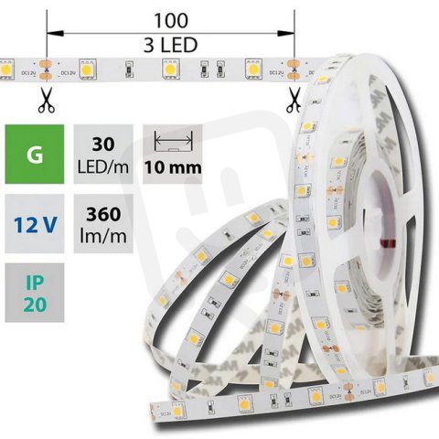 LED pásek SMD5050 zelený, 30LED/m, 7,2W/m, 360lm/m, IP20, DC 12V, 10mm, 5m