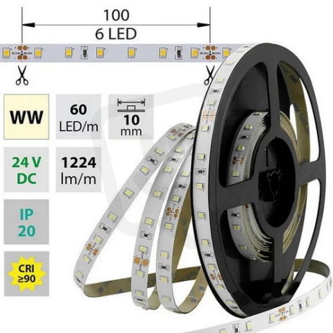LED pásek SMD2835 WW, 60LED/m, 14,4W/m, 1224lm/m, IP20, DC 24V, 10mm, 5m