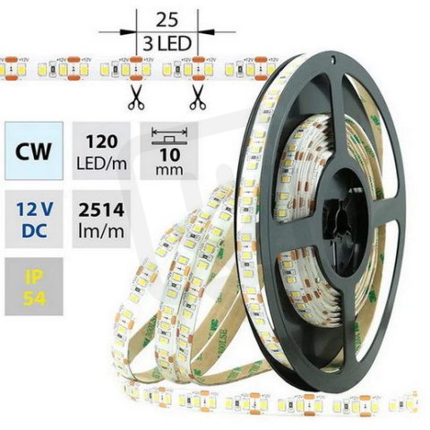 LED pásek SMD2835 CW, 120LED/m, 28,8W/m, 2514lm/m, IP54, DC 12V, 10mm, 5m