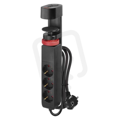 Prodlužovací kabel 1,5 m/3 zásuvky/vypínač/uchycení na stůl/USB/černý/PVC/1,5mm2