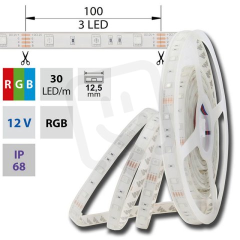 LED pásek SMD5050 RGB, 30LED/m, IP68, DC 12V, 12,5mm, 5m