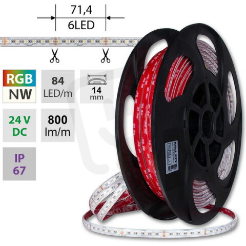LED pásek SMD5050 RGB + NW, 84LED/m, 15W/m, DC24V, 800lm/m, IP67, 14mm, 5m