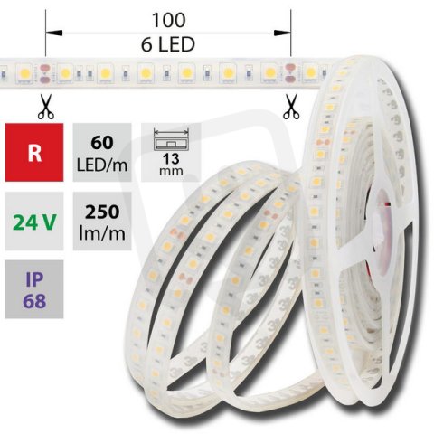 LED pásek SMD5050 červený, 60LED/m, 14,4W/m, 250lm/m, IP68, DC 24V, 13mm, 5m