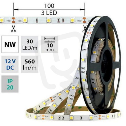 LED pásek SMD5050 NW, 30LED/m, 7,2W/m, 560lm/m, IP20, DC 12V, 10mm, 5m