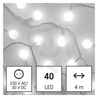 LED světelný cherry řetěz-kuličky 2,5cm,4m,venkovní i vnitřní,stud. bílá,časovač