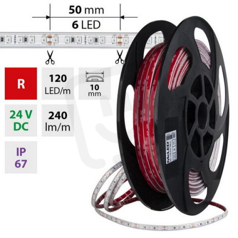 LED pásek SMD2835 červený, 120LED/m, 9,6W/m, DC 24V, 290lm/m, IP67, 10mm, 50m