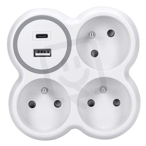Rozbočka, 3x 15A, USB nabíječka A+C, bílá-šedá, vypínač SOLIGHT P106USBC