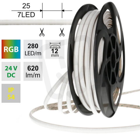 LED pásek SOB RGB, 280LED/m, 14W/m, DC24V, 620lm/m, IP54, modul 25mm, 12mm, 5m