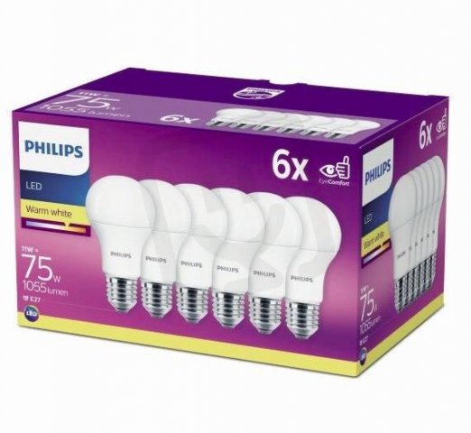 Philips LED žárovka sada 6ks 11-75W E27 1055lm A60 2700K