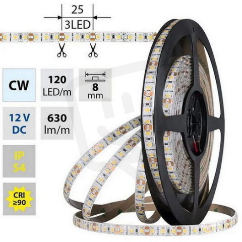LED pásek SMD2835 CW, 120LED/m, 9,6W/m, DC 12V, 630lm/m, CRI90, IP54, 8mm, 5m