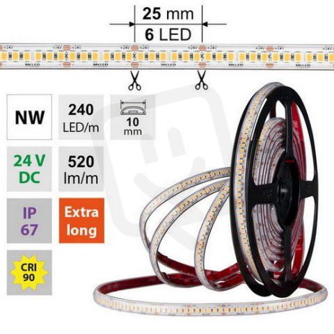 LED pásek SMD2835 NW, 240LED/m, 6W/m, DC 24V, 520lm/m, CRI90, IP67, 10mm, 50m