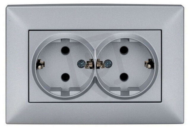 Zásuvka SCHUKO dvojitá, šroubové svorky, stříbrná SCHRACK EV121013--