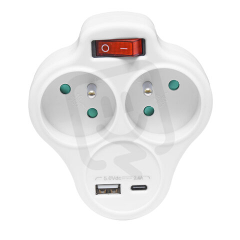 2-zásuvková V rozbočka, 1xUSB, 1xUSB-C, 5V/2,4A , vypínač ECOLITE XQFZBK-01/3