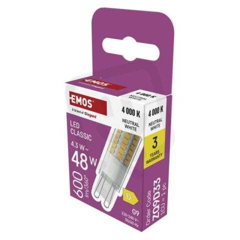 LED žárovka Classic JC, G9, 4,3 W (48 W), 600 lm, neutrální bílá EMOS ZQ9D33
