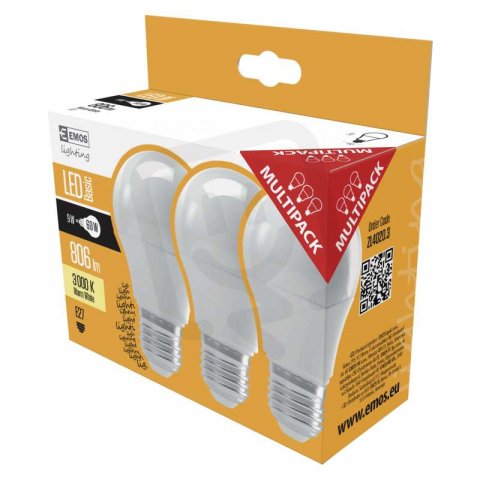 LED žárovka Basic A60 9W(60W) 806lm E27 WW 3PC ZL4020.3 Emos teplá bílá