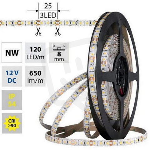 LED pásek SMD2835 NW, 120LED/m, 9,6W/m, DC 12V, 650lm/m, CRI90, IP54, 8mm, 5m