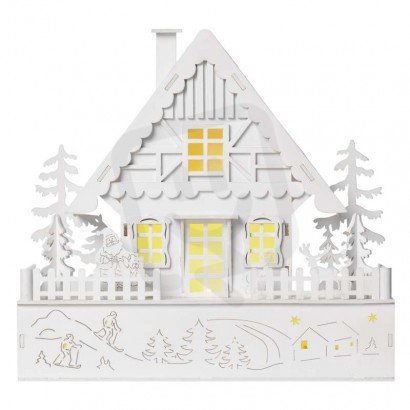 LED vánoční domek dřevěný, 28 cm, 2x AA, vnitřní, teplá bílá, časovač