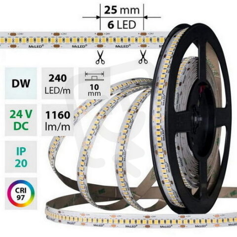 LED pásek SMD2835 DW 240LED/m 14,4W/m DC 24V 1160lm/m CRI97 IP20 10mm 50m