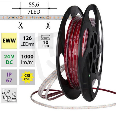 LED pásek SMD2835 EWW 126LED/m 9,6W/m DC 24V 1000lm/m CRI90 IP67 105°C 10mm 50m