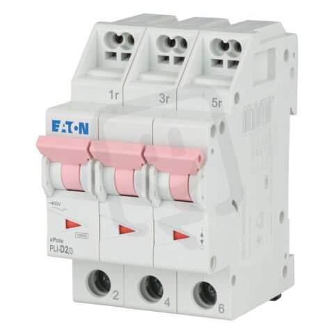 PLI-D2/3 Jistič PLI (bezšroubové svorky nahoře) char D 3-pólový 10kA 2A 101322