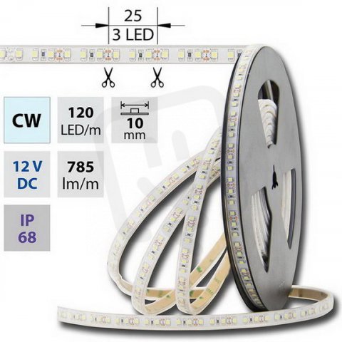 LED pásek SMD3528 studeně bílý,120LED/m,IP68,DC 12V,10mm 9,6W