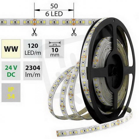 LED pásek SMD2835 WW, 120LED/m, 28,8W/m, 2304lm/m, IP54, DC 24V, 10mm, 5m