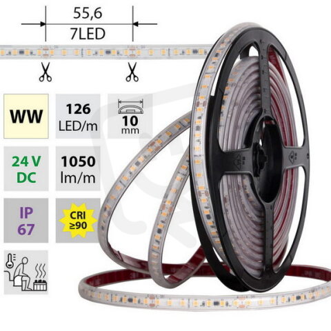 LED pásek SMD2835 WW 126LED/m 9,6W/m DC 24V 1050lm/m CRI90 IP67 105°C 10mm 50m