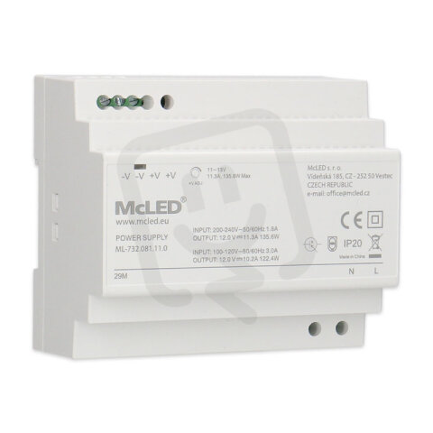 Napájecí zdroj 135W, DC12V/11,3A, IP20, na DIN lištu MCLED ML-732.081.11.0