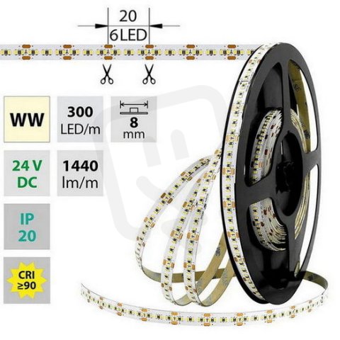 LED pásek SMD2216 WW, 300LED/m, 18W/m, 1440lm/m, IP20, DC 24V, 8mm, 30m