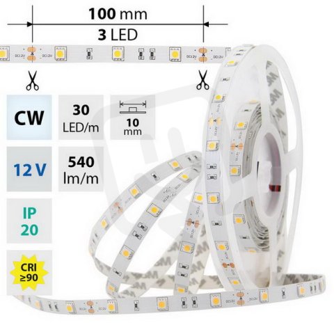 LED pásek SMD5050 CW, 30LED/m, 7,2W/m, 540lm/m, IP20, DC 12V, 10mm, 5m