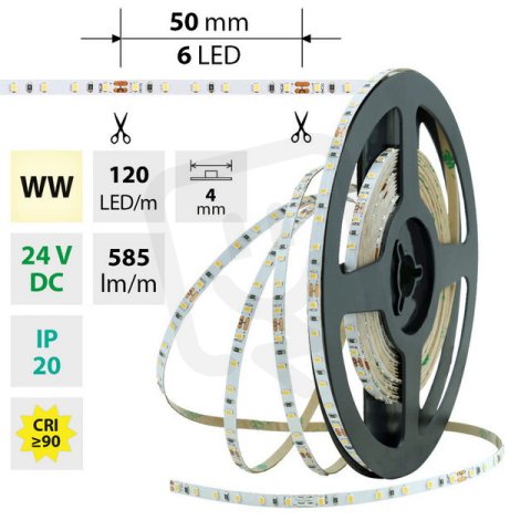 LED pásek SMD2216 WW, 120LED/m, 7,2W/m, DC 24V, 585lm/m, CRI90, IP20, 4mm, 10m