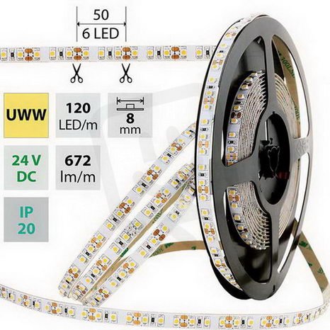 LED pásek SMD3528 UWW, 120LED/m, IP20, DC 24V, 8mm, bílý PCB pásek, 5m