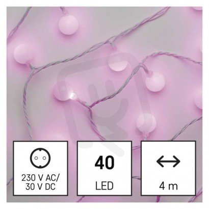 LED světelný cherry řetěz kuličky 2,5 cm 4 m venkovní i vnitřní růžová časovač