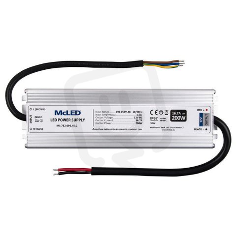 Napájecí zdroj 200W, DC12V/16,7A, IP67, hliníkové provedení