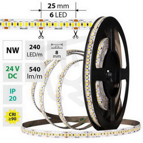LED pásek SMD2835 NW, 240LED/m, 6W/m, DC 24V, 540lm/m, CRI90, IP20, 8mm, 5m