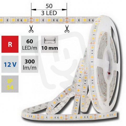 LED pásek SMD5050 červený, 60LED/m, 14,4W/m, 360lm/m, IP54, DC 12V, 10mm, 5m