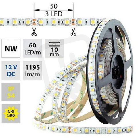 LED pásek SMD5050 NW, 60LED/m, 14,4W/m, 1195lm/m, IP54, DC 12V, 10mm, 5m