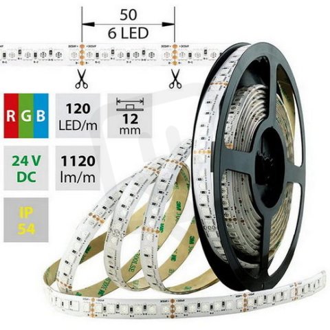 LED pásek SMD5050 RGB, 120LED/m, 28,8W/m, 1120lm/m, IP54, DC 24V, 12mm, 5m