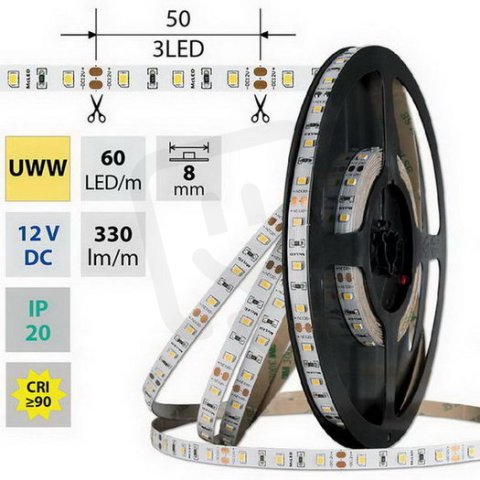 LED pásek SMD2835 UWW, 60LED/m, 4,8W/m, DC 12V, 330lm/m, CRI90, IP20, 8mm, 50m