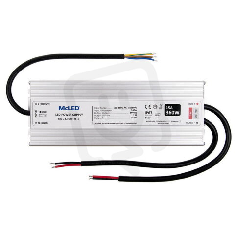 Napájecí zdroj 360W, DC24V/15A, IP67, hliníkové provedení MCLED ML-732.098.45.1