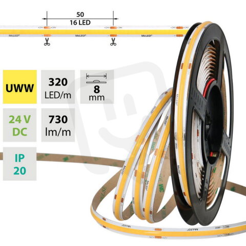 LED pásek COB UWW 320LED/m 8W/m DC 24V 730lm/m CRI90 IP20 modul 50mm 8mm 5m