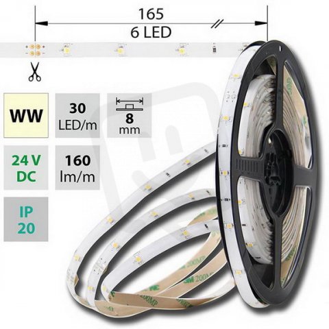 LED pásek SMD3528 WW, 30LED, IP20, 5m, 24V, 2,4 W/m